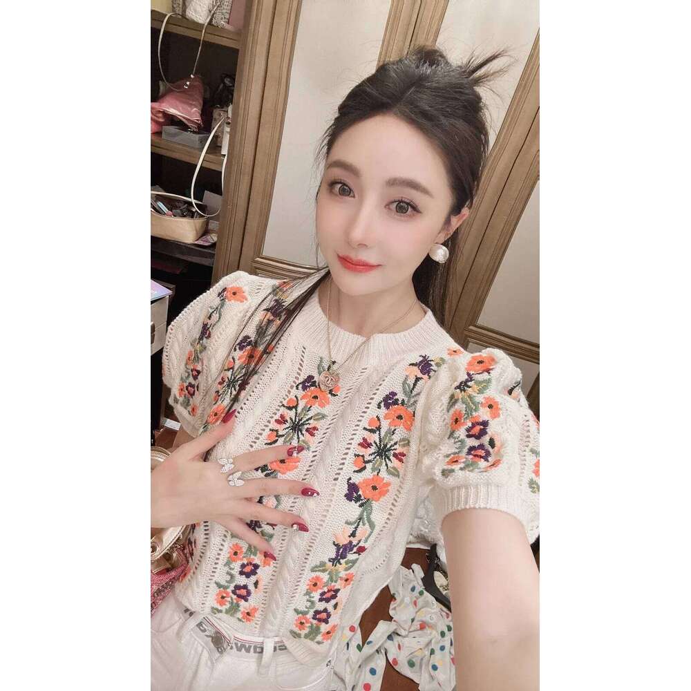 Vintage Elegant Embroidered Knitted Sweater Tshirt Women Summer Puff Sleeve O-neck Tops Pullovers Stylish Fashion Chic Knitwear Z260313