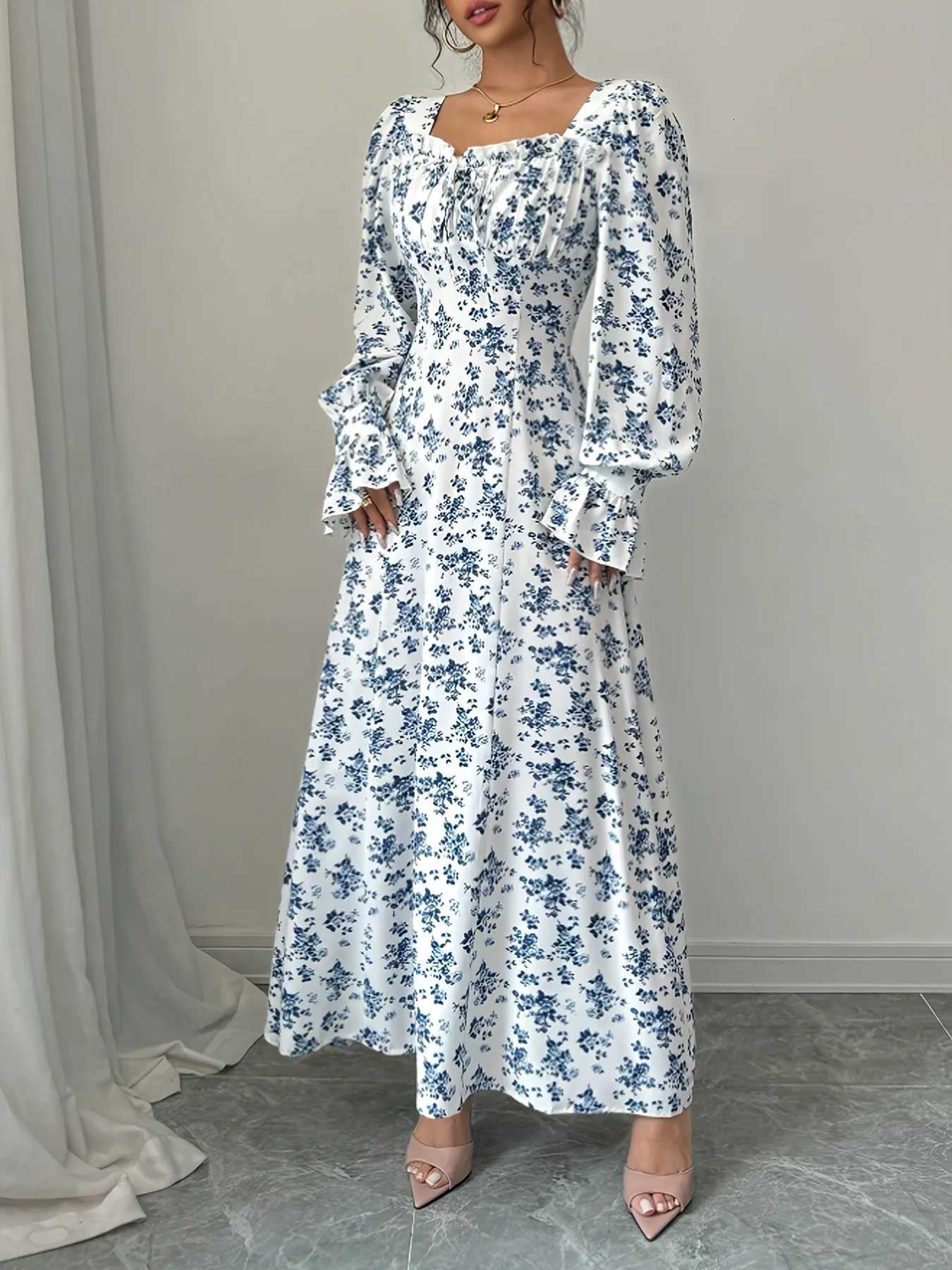 Womens Blue Floral Print Maxi Dress Square Neck Long Sleeve Casual Boho DressT260314