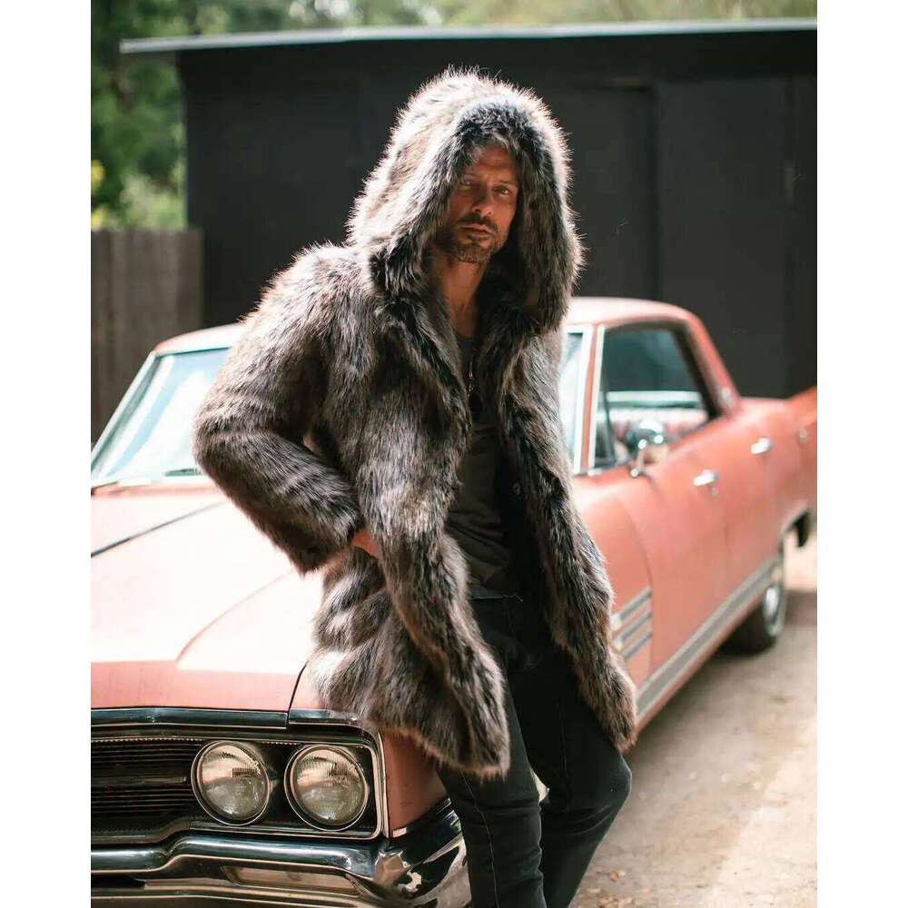 Hot Selling Men's Thick Hooded Personality Winter Mid-Length High Quality Faux Fur Coat Z260313