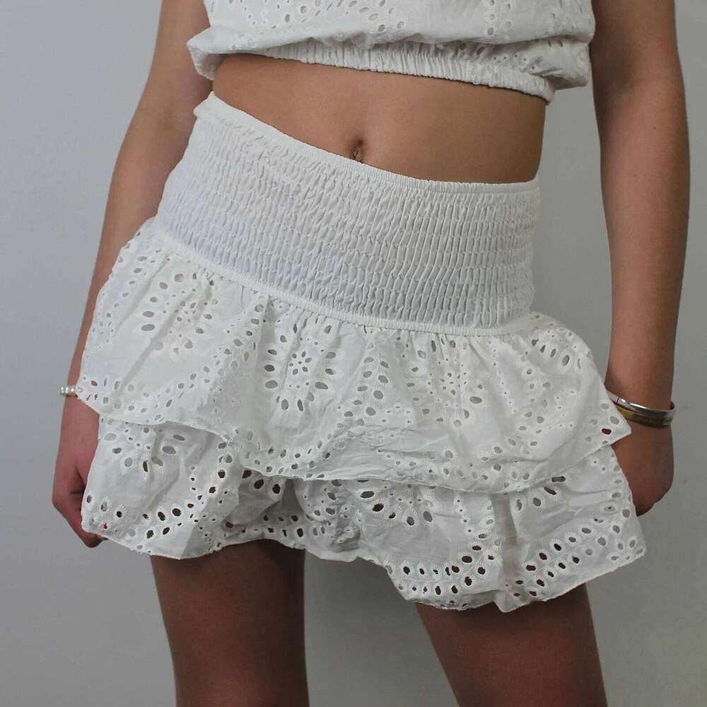 Women A-Line Pointelle High Waist Layered Ruffle Shirred Mini Skirt Summer Solid Color Sweet Skirts Black/White/Pink Z260314