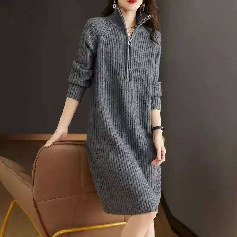 2024 Autumn/Winter New Large Knitted Medium length Half Zipper Solid color Loose Casual Long Sleeve Dress Women's Trendy Z260314