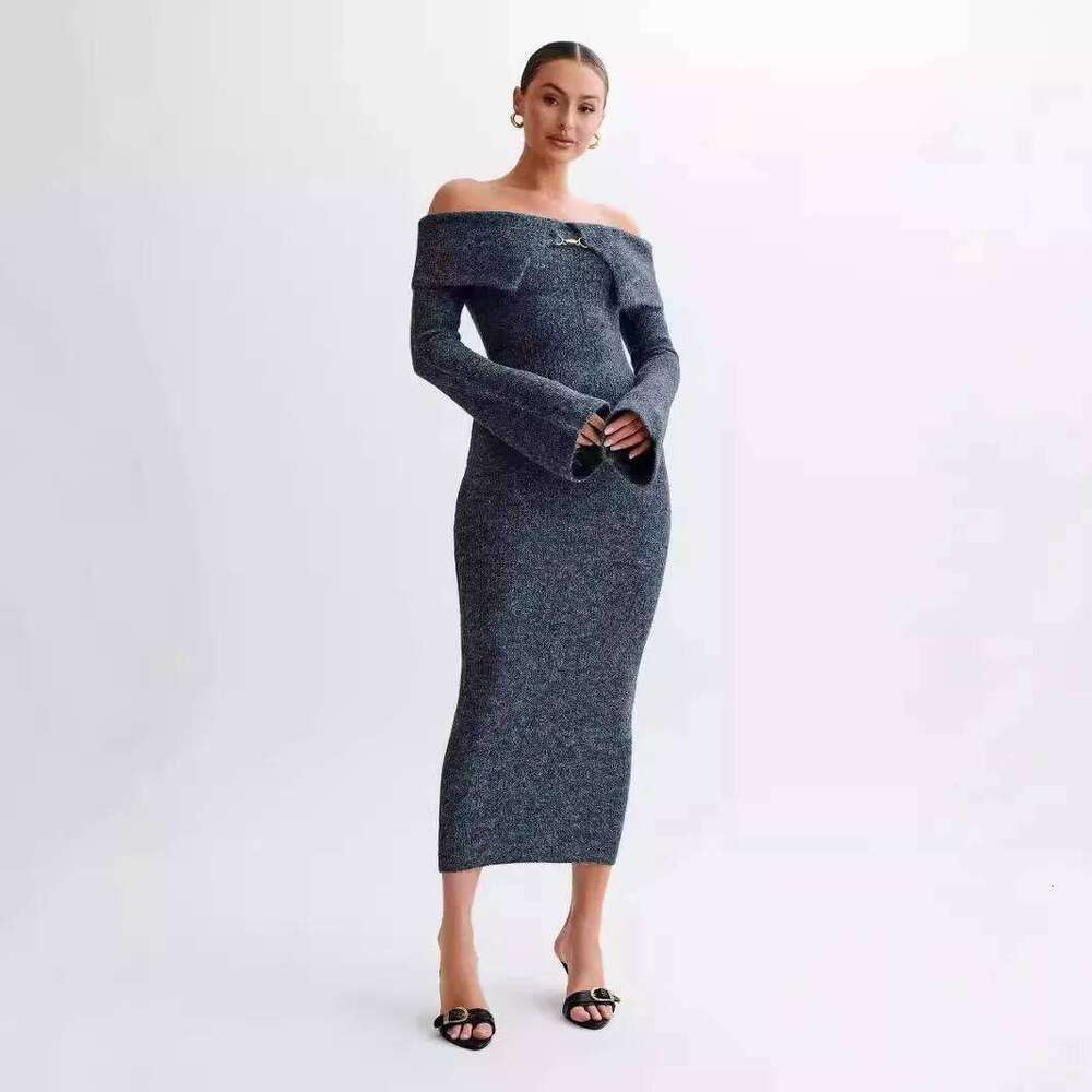 Women Knitting 2025 Autumn Knit Sweater Women's Off The Shoulder Bodycon Long Sleeve Slim Fit Midi Dress Z260314