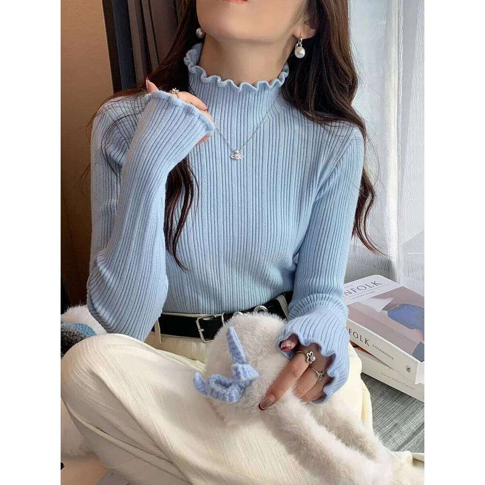 Autumn Winter Turtleneck Knitted Pullovers 2025 Women Long Sleeve Soft Tops Casual Versatile Ruched Sweater Slim Base Layer Top Z260314