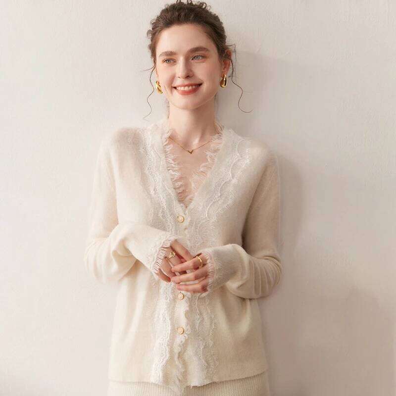 Autumn/Winter Women's 100% Pure Cashmere Cardigan Casual Solid Lace Knitted Sweater Fit V-neck Tops Warm Single breasted Jumper Z260313