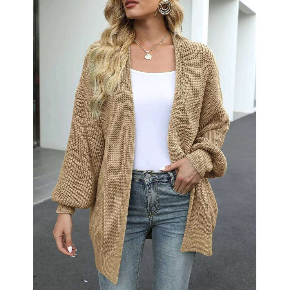 Women's lantern sleeve thick needle cardigan 2024 autumn and winter new item solid color pocket knitted sweater women's coat Z260313