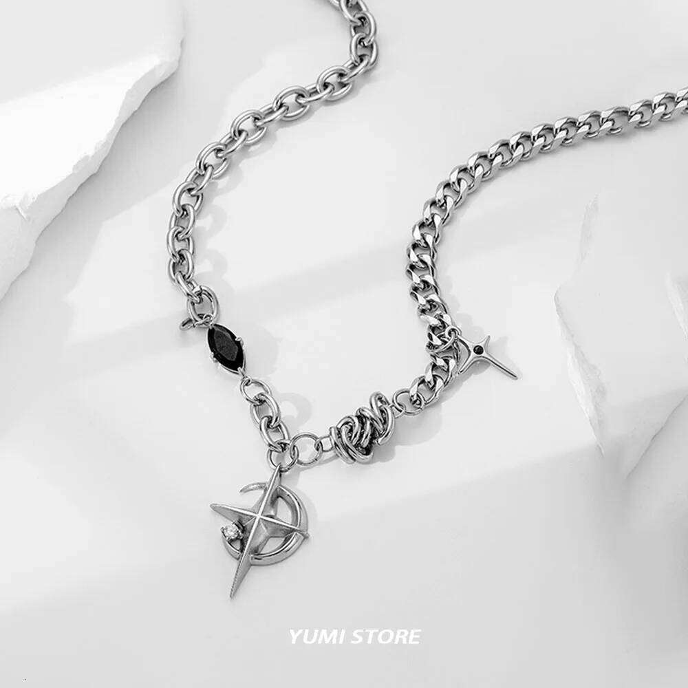 Hip Hop Moon Star Pendant Necklace For Men Women Titanium Steel Spliced Sweater Chain Kpop Unisex Jewelry Street Punk Accessorie H260312