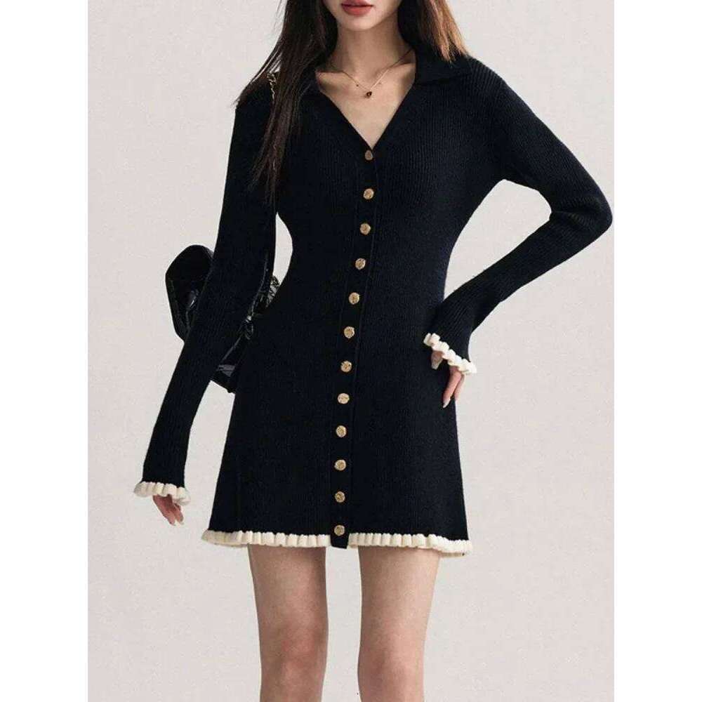 Women Knit Mini Dress Black Polo V Neck Button Cream Ruffle Long Sleeve Elegant Slim Fit 2026 Lady Spring Robe Daily Commute Z260314