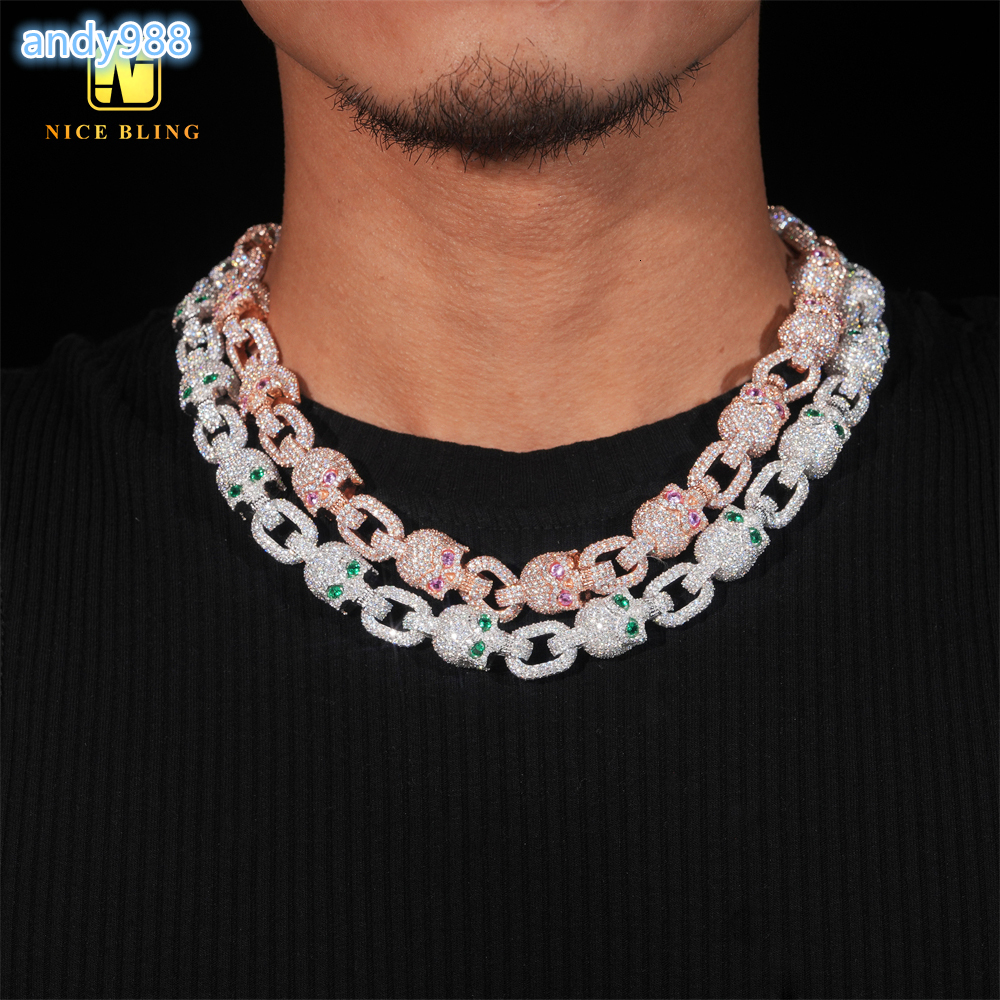 Rapper Jewelry Skull Skeleton Colorful Moissanite Cuban Necklace Ready Stock Hip Hop Fancy Cuban Link Chain Pass Diamond Tester