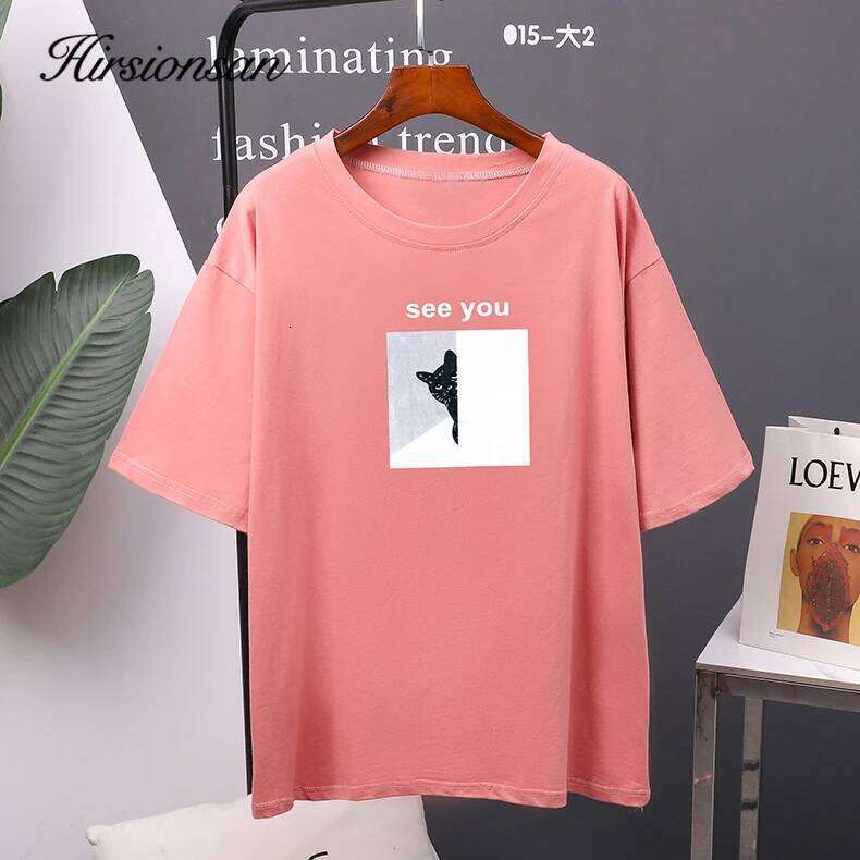 Hirsionsan Cartoon Printed Cotton Summer T Shirts Women Soft Kawaii Loose Tees Female Plus Size Short Sleeve Tops for Lady 2023 Z260314