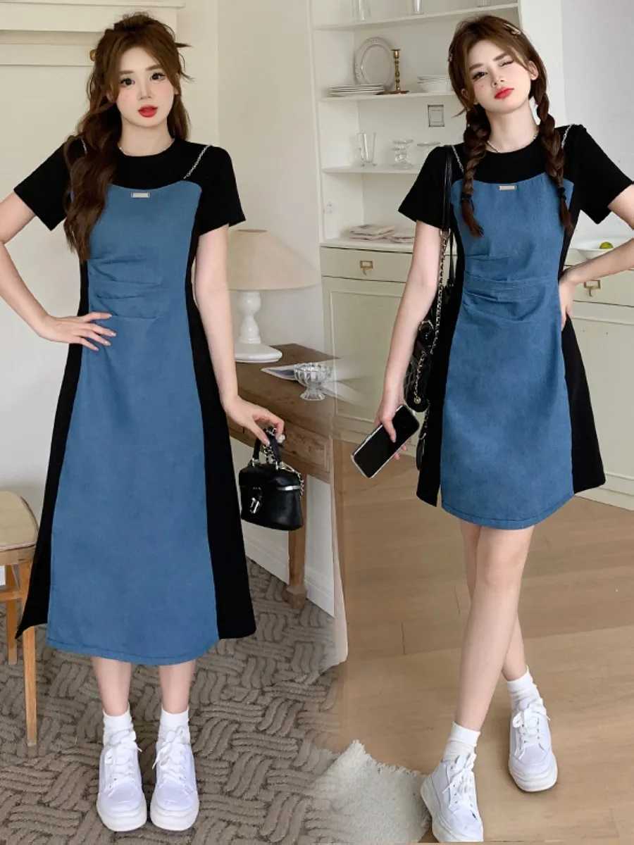 Retro plus Size Materni Dr Summer New High Waist Slimming Splice Split Denim Skirt Conceal Belly A-Line Dr Korean SleT260314
