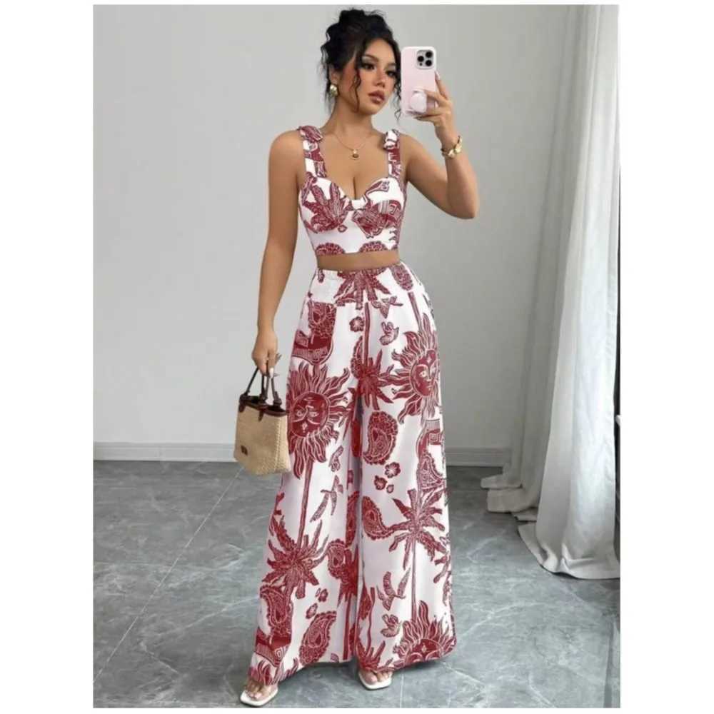 Sexy Strapback Halter Tops Long Pants Female 2-piece Set Summer Fashion Printed Wide-leg Pocket Trousers Elegant Womens Suit M260313