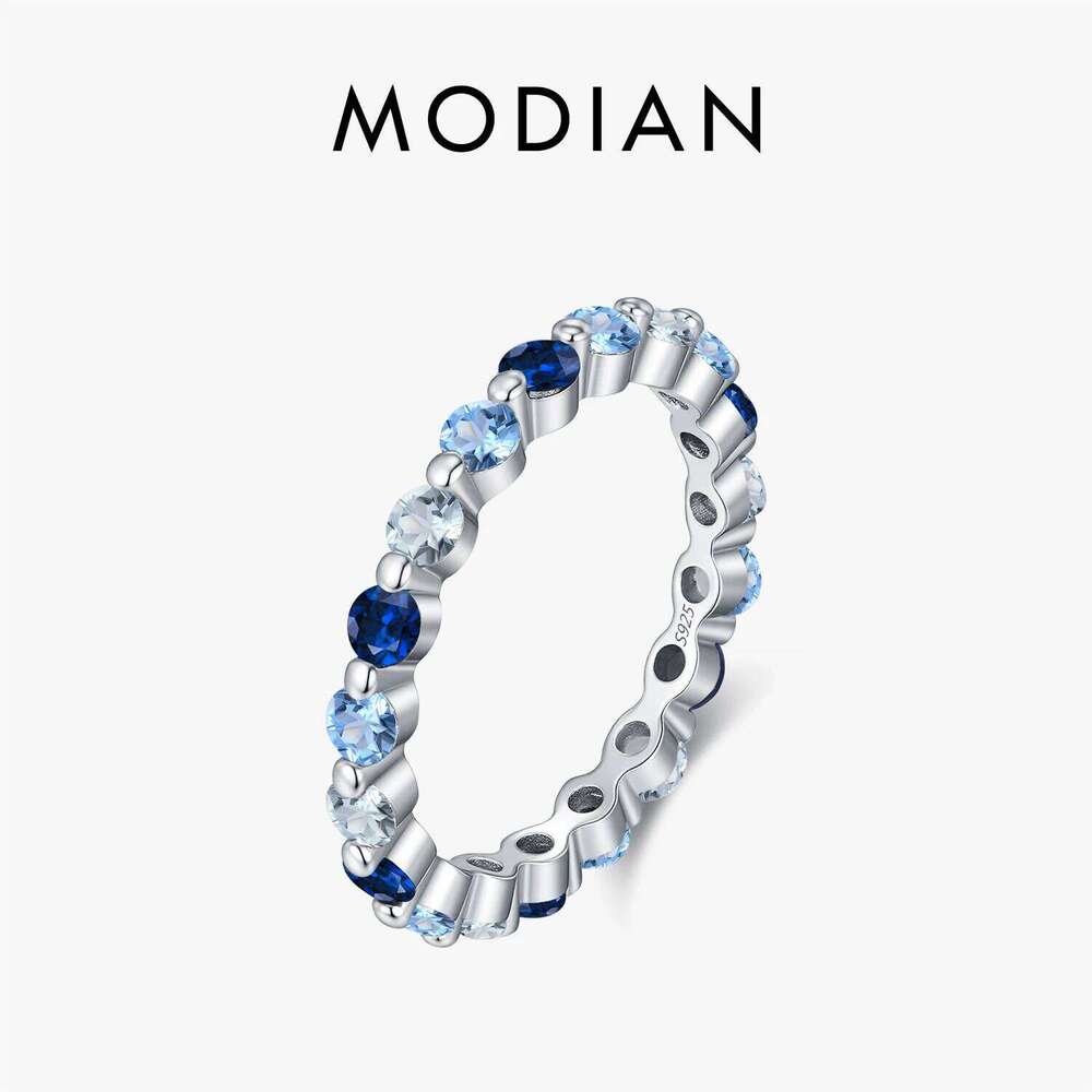 MODIAN 925 Sterling Silver Fashion Stacking Thin Sparkling Round Gradient Blue CZ Rings For Women Fine Jewelry H260312