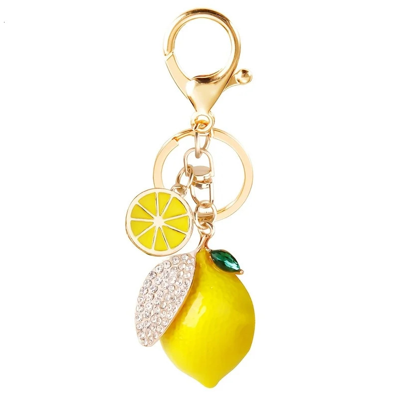 Summer Style Decorative Alloy Rhinestone Lemon Keychain with Lobster Clasp Fruit Key Ring Bag Car Decoration 260311