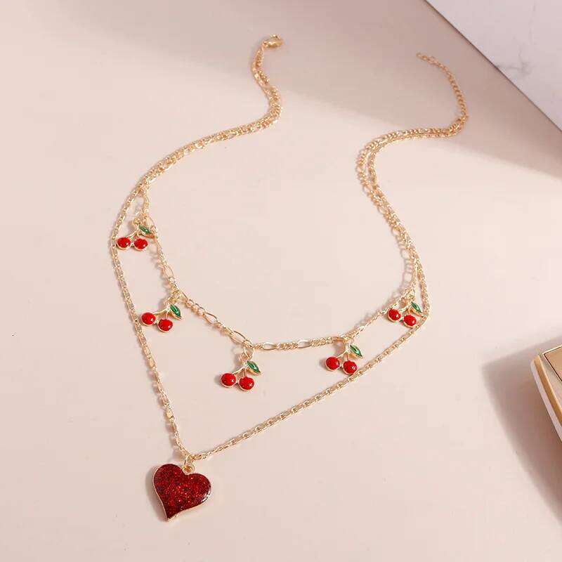 Aihua Boho Gold Color Red Heart Cherry Necklace Romantic Sweet Simple Clavicle Necklaces for Women Collar Fashion Jewelry Gifts H260312