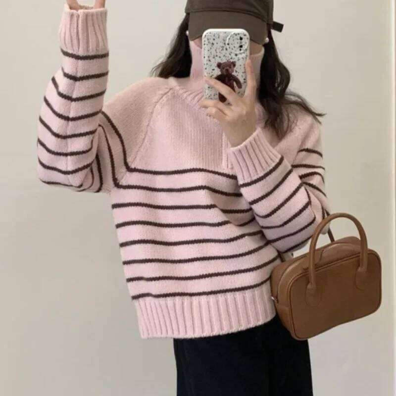 Polo Collared Striped Sweater Women Pullover Knitted Half Zip Jumper Autumn Winter Female Comfy Knitwear Casual Suter Ligero Z260314