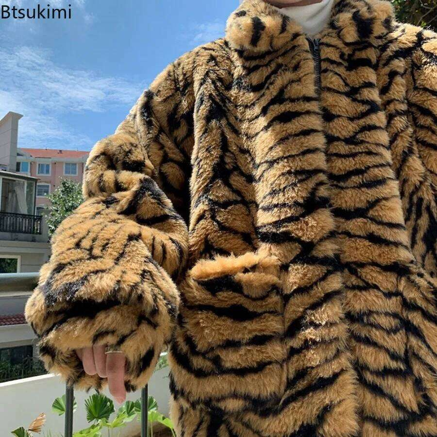 Fashion Tiger Stripes Print Men Loose Fluffy Faux Fur Long Sleeve Casual Warm Coats Autumn Winter Harajuku Retro Jackets Z260313