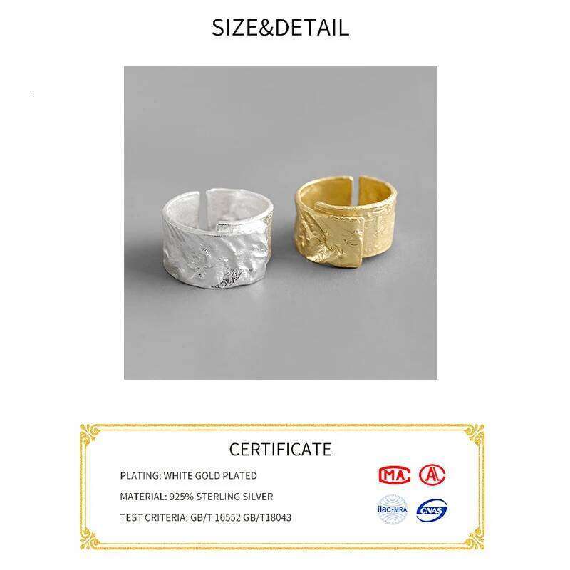 Wide 925 Sterling Open Ring for Women INS & Silver Color Gold Foil Concave-convex Irregular Face H260312