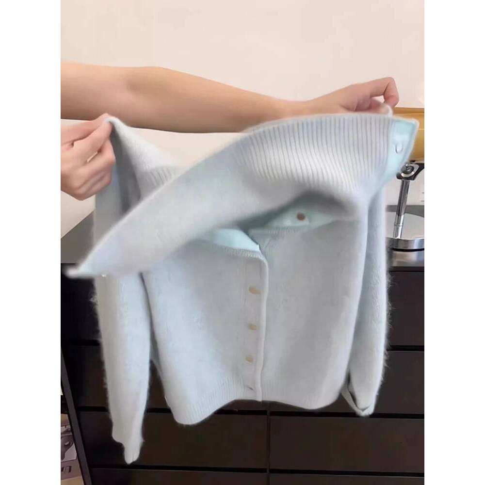 Women New Turn-down Blue Sweater Single Row Concealed Buckle Style Autumn Winter Soft Solid High Collar Knitted Cardigan Z260313