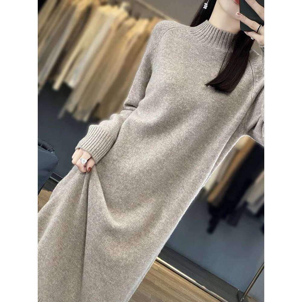 New Women Sweater 100% Merino Wool Long Autumn Winter Mock Neck Quality Cashmere Knitwear Basic Grace Dress Z260313