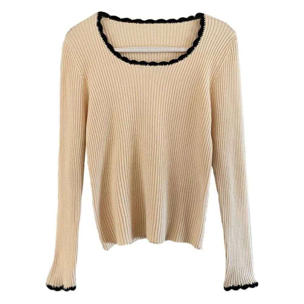 2026 Women Long Sleeve Slim Soft Tops Autumn Winter Square Neck Knitted Pullovers Casual Versatile Color Blocking Sweater Z260313