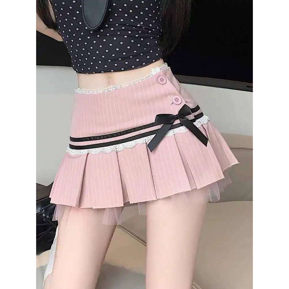 Summer Korean Sweet Striped Pink Pleated Skirts Women's Elegant Bow Hight Waist A Line Y2k Sexy Lace Streetwear Mini Skirt Z260314