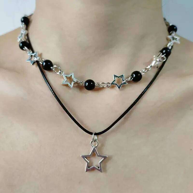 Fashion Double Layered Black Bead Star Choker Necklace Punk Pentagram Leather Rope Necklaces For Women Girls H260312