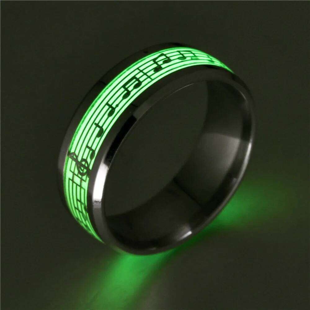 Glow-in-the-Dark Piano Music Note Stainless Steel Rings - Perfect for Casual Attire & Parties H260312
