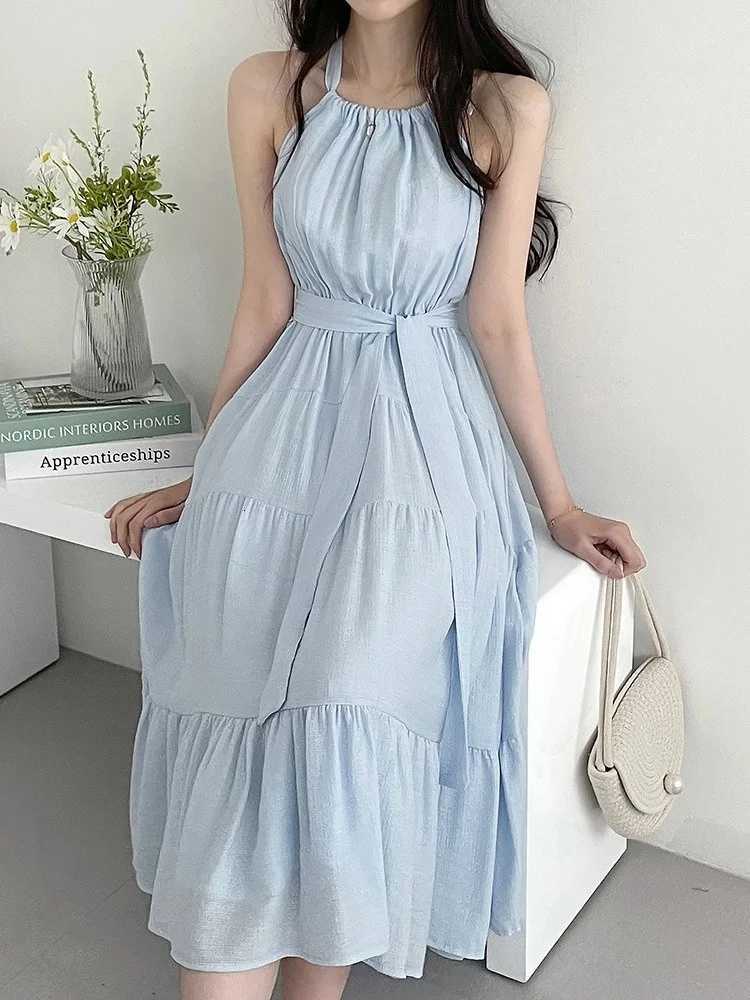 Korean Sle Chic Summer Svel Neline Waist Cinched Slimming Long Vest Dr Womens Faion Commute Wind Regular FitT260314