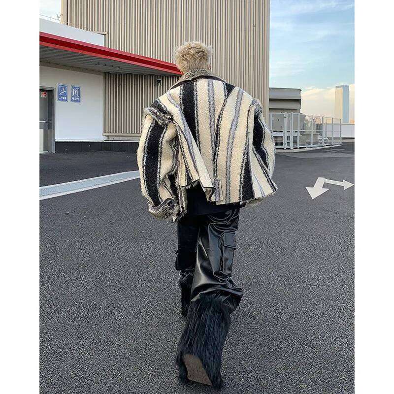 Reversible Striped Faux Fur Jacket,Fur Collar Padded Mans Coat, Y2k Winter Clothes Z260313