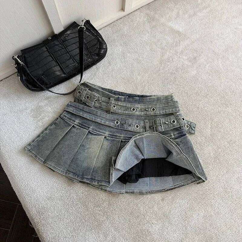 Women's Blue Black Riveted Belt Denim Y2K Harajuku High Street Fashion 90s Sexy A-line Mini Skirt Summer Clothing 2026 New Z260314