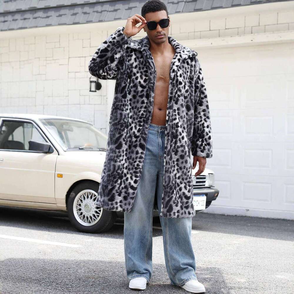 Men Faux Fur Coats Leopard Jackets Color Blocked Turn Down Collar Long Sleeve Single Breasted Straight Casual 2025 Autumn Winter Z260313