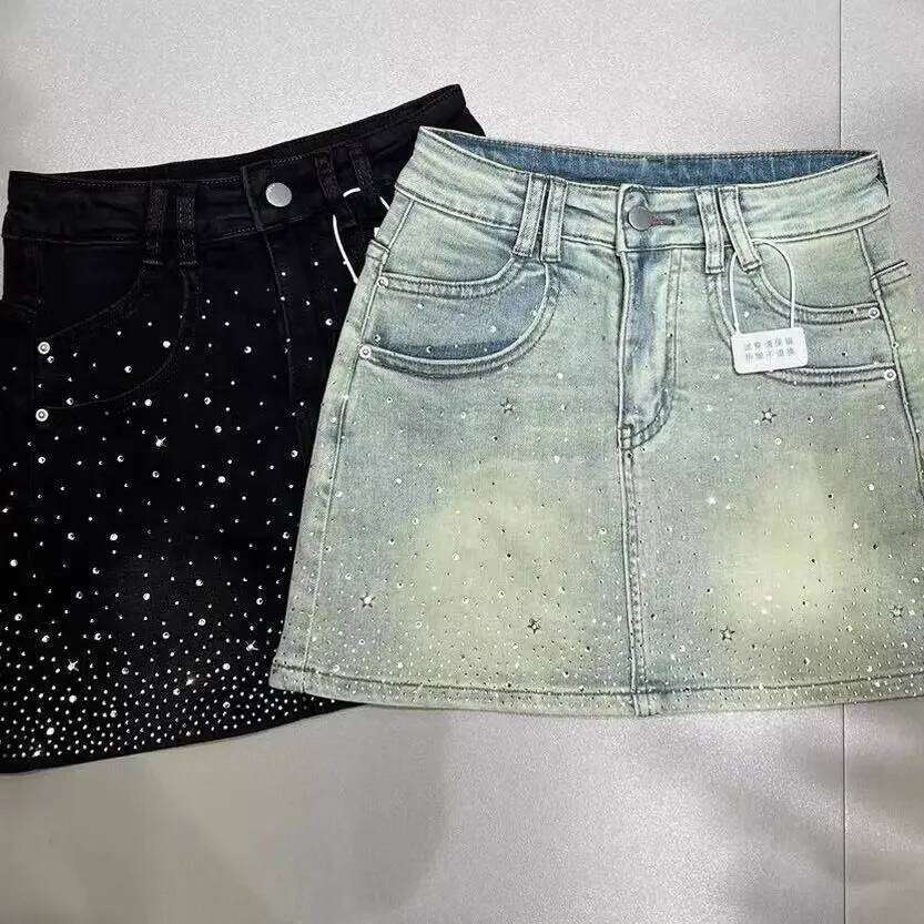Starry Hot Rhinestone for Women 2024 Summer New Retro Slimming a-Line Sheath Denim Skirt Z260314