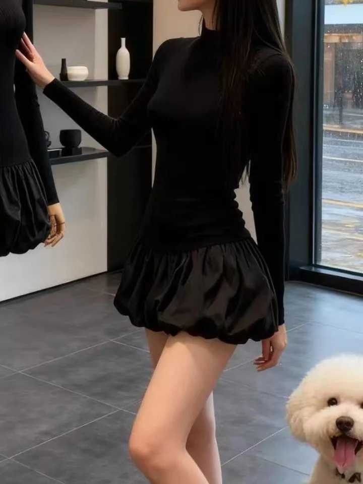 Women Slim Long-Sleeve Dress Half High Collar Puffy Dress Autumn and Winter Party Solid Color Dresses Black Fashion ElegantT260316