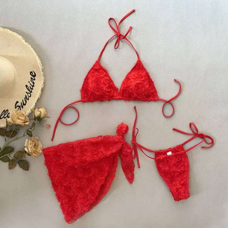 Set Women 2 Piece Swimsuit Chic Floral Sexy Triangle Halter Micro Bikini Bandage Cover Up 2025 New Beachwear Bathing Suit Y260303