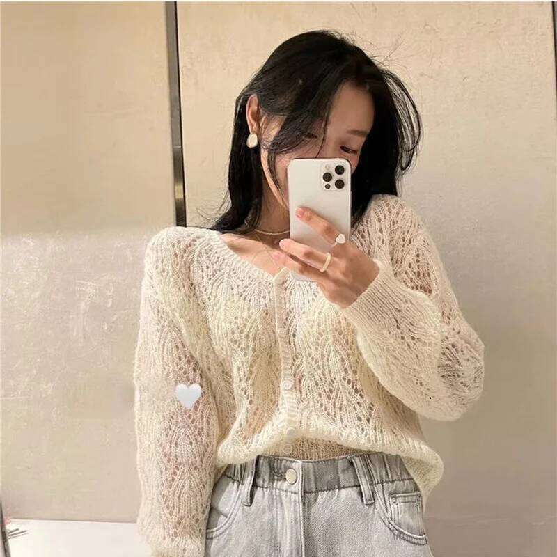 Cardigan Women V-neck Sexy Hollow Out Long Sleeve Single Breasted Sweet Solid Color Female Daily Thin Spring Autumn Breathable Z260313