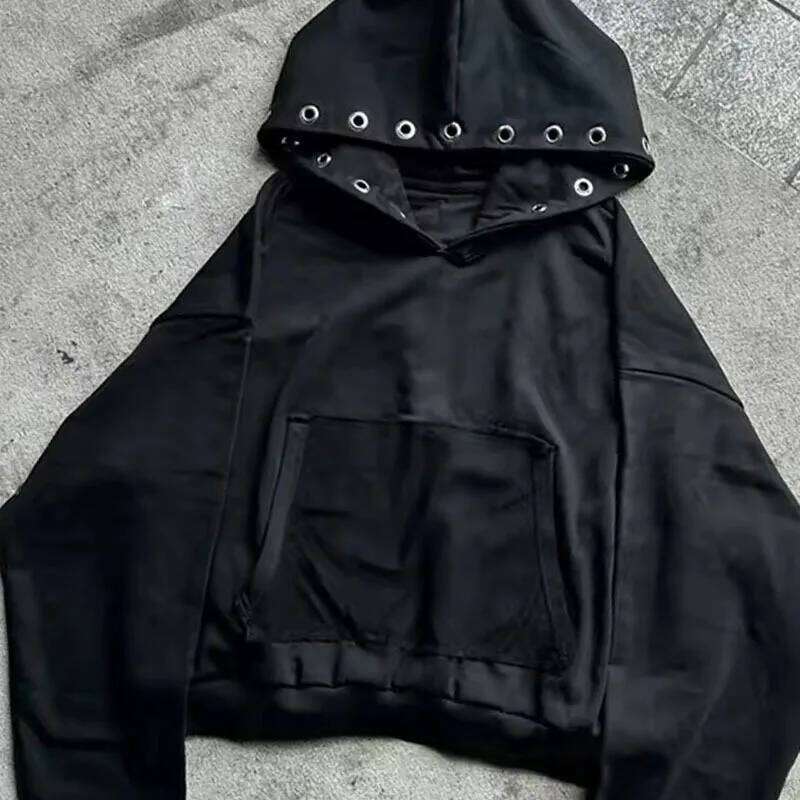 New long sleeved hooded sweatshirt, dark retro punk solid color perforated decorative jacket Z260314