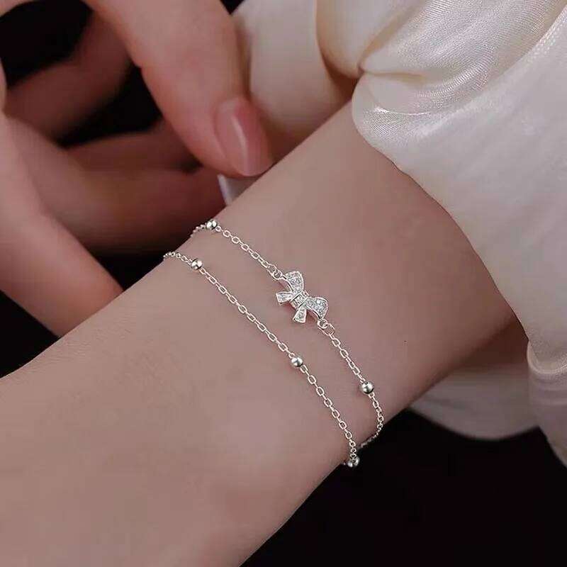 Luxury 925 Sterling Silver Zircon Bow Bracelets For Women Girls Fashion Korean Double Layer Bead Bracelet Party Wedding Jewelry Z260313
