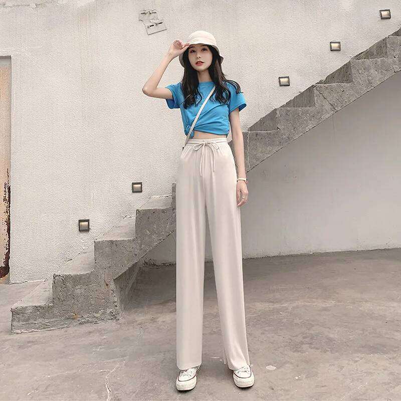 New Women Ankle-Length Wide Leg Casual Solid Elastic Waist Loose Ice Silk Pants Spring Summer Female Trousers