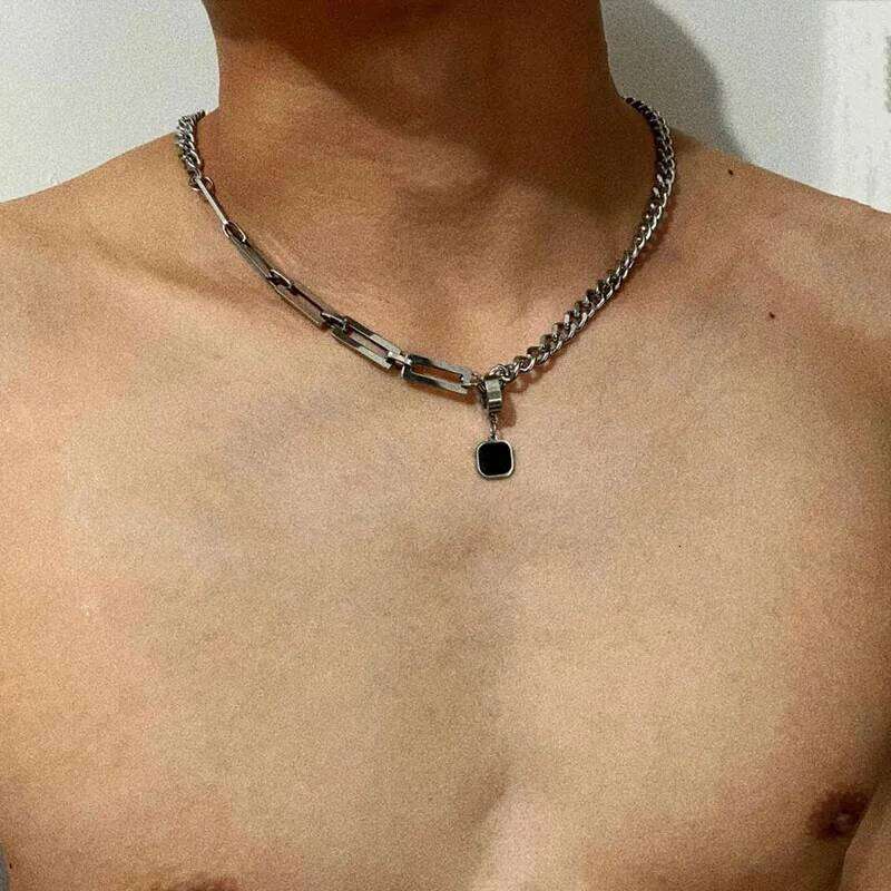 Stainless Steel Cuban Chain Choker for Men Black Square Pendant Necklace Male Chains Cool Hip Hop Neck Jewelry New H260312