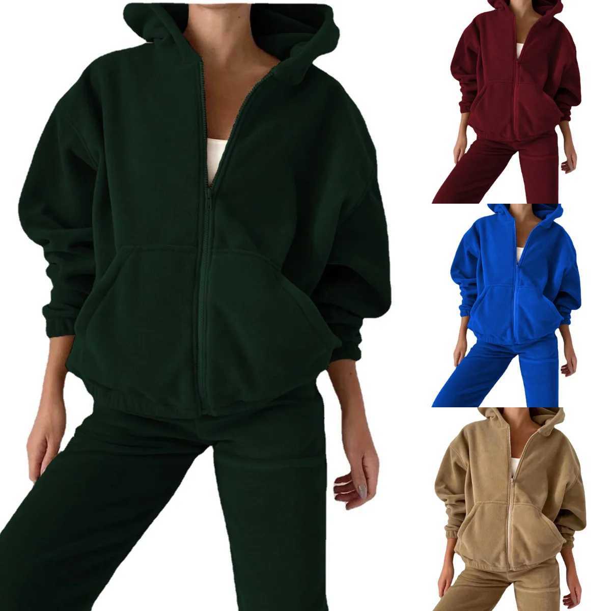 Autumn and winter new fashion sports casual hoodie zipper cardigan top pants set comfortable fleece 2 sets womens pants set M260313