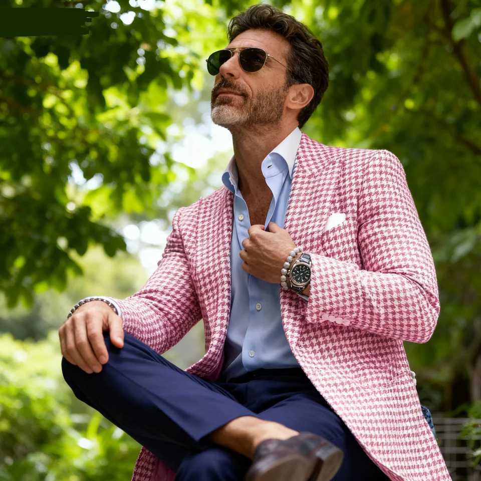 Rosa Houndstooth Terno Jaqueta De L Business Blazer Unique Top Breasted Slim Fit Check Wedding Suit Ternos M260313