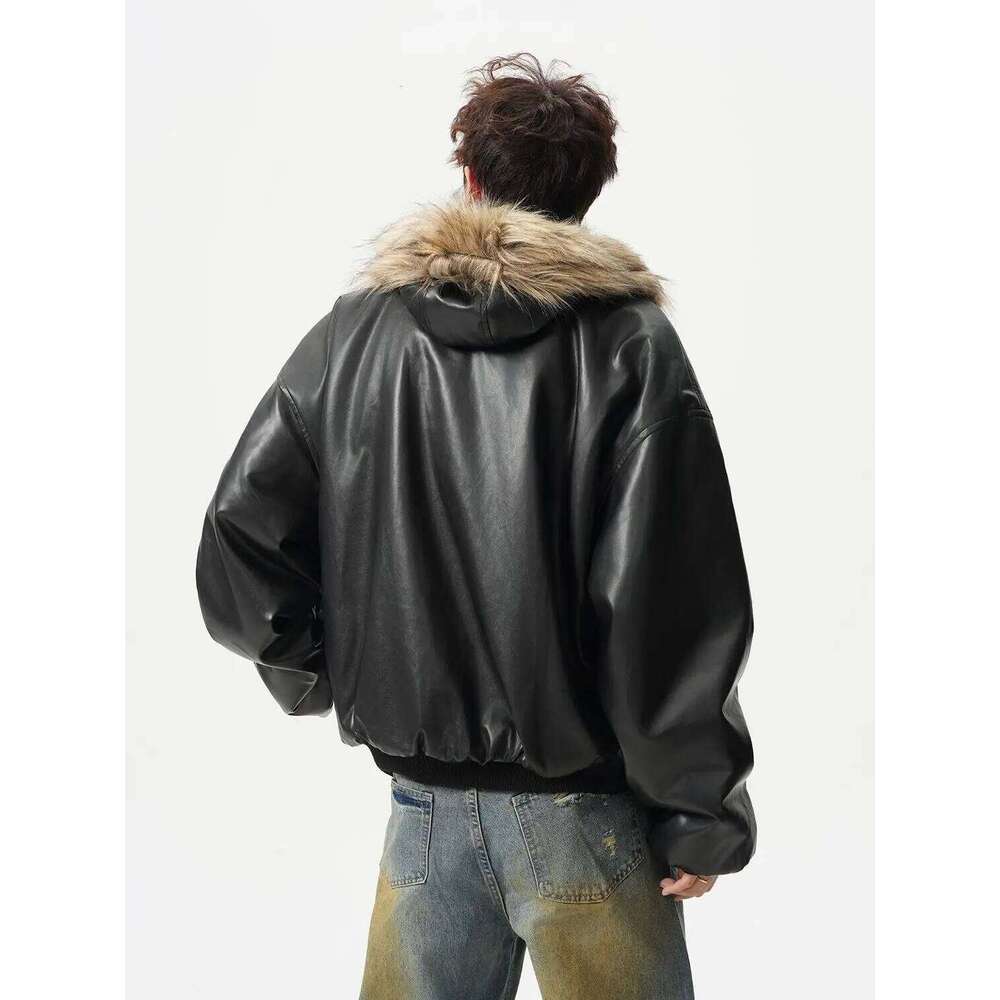 Fashion High-end PU Leather Jacket Cotton Clothes Men's 2025 Winter New Velvet Hooded Zipper Thickened Fur Integrated Coat Z260313