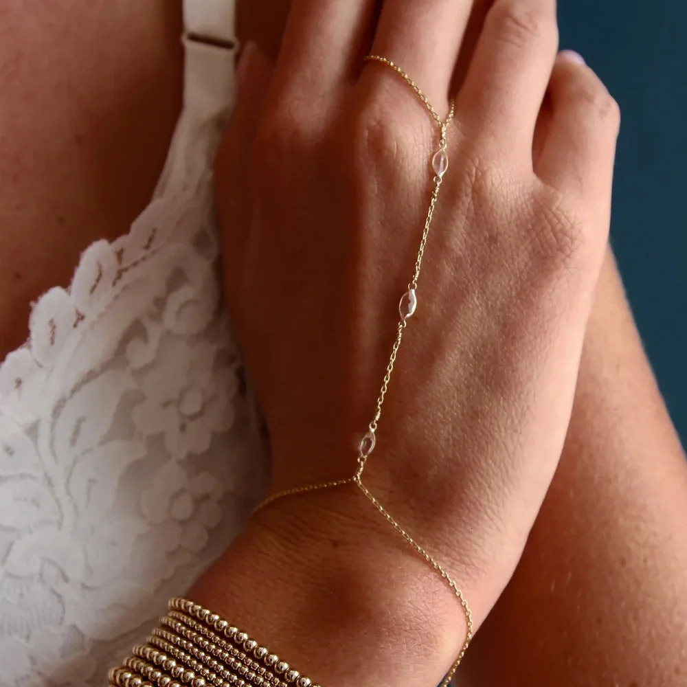 Fashion Mini Waterdrop Crystal Hand Chian Gold Color Link Chains Finger Ring Bracelet for Women Stainless Steel PVD Wed Jewelry 260313