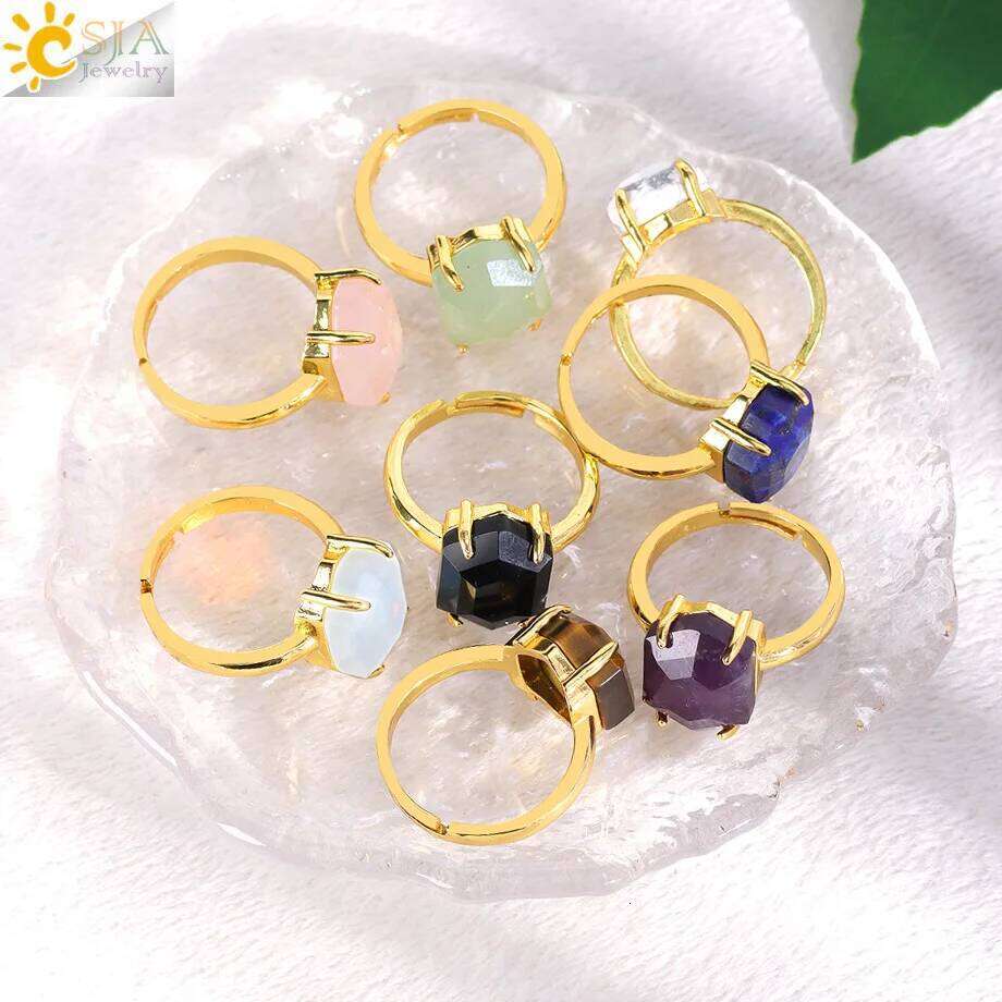 CSJA Natural Stone for Men Faceted Crystal Healing Tiger Eye Amethysts Gold Color Ring Jewelry Accessorise H544 H260312
