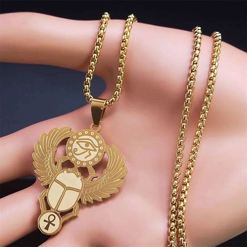 Egyptian Scarab Eye of Ra Horus Symbol Necklaces Stainless Steel Gold Color Ankh Key Of Life Necklace Jewelry collares N2336S01 H260312
