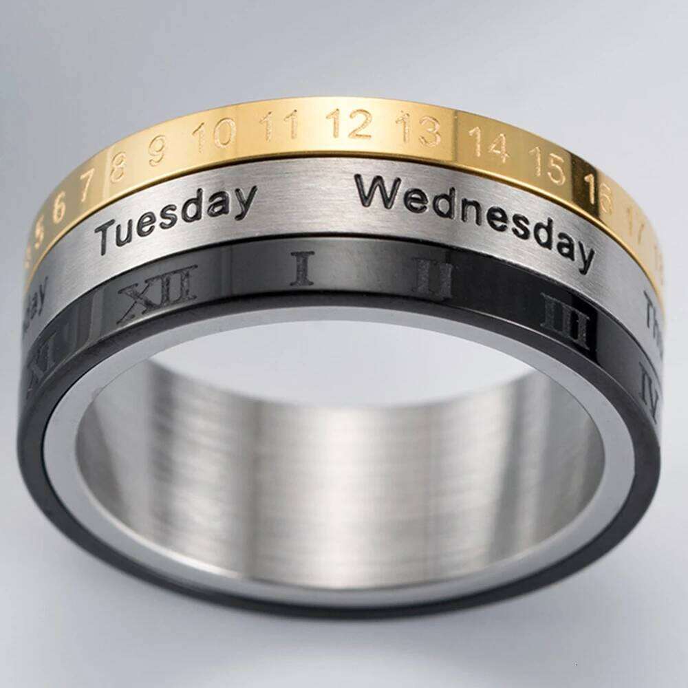 Male Finger Fashion Calendar Rotatable Anxiety Ring Men's Time Week Date Numerals Black Spinner Rings For Men Treatment Fidget H260312