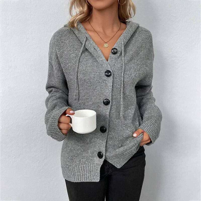 Women Knit Hooded Sweater Coat Single Breasted Thick Cardigan Solid Casual Splice Jumpers Full Sleeve Regular Winter 2024 Z260313