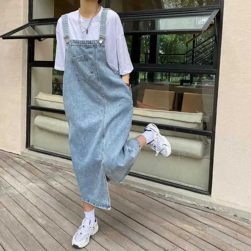 Korean style Denim Overall Dress Women Sleeveless Jeans Dresses Female Solid Slip Casual Loose Spaghetti Strap DressesT260314