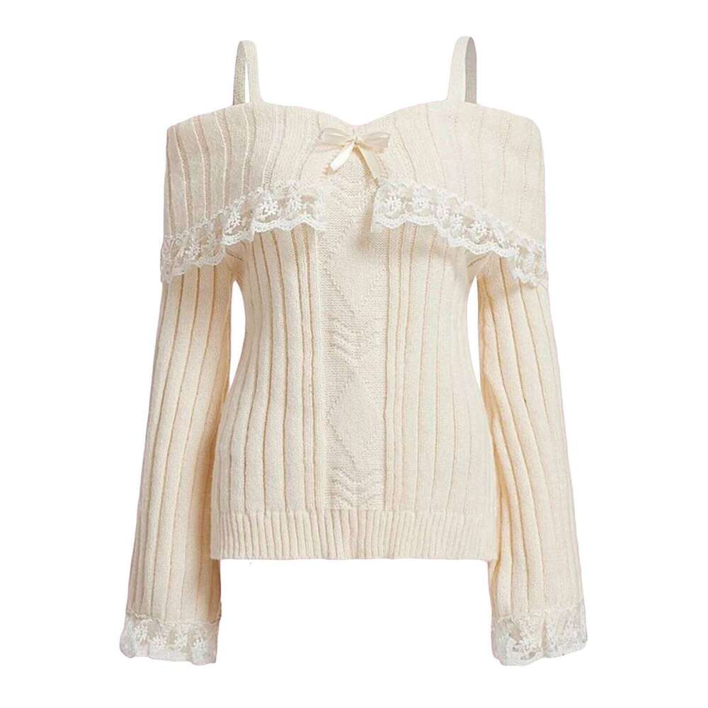 Women Off Shoulder Knit Sweater Solid Color Sweet Pullovers Long Sleeve Bow Lace Patchwork Cute Jumpers Club Streetwear Y2k Z260314