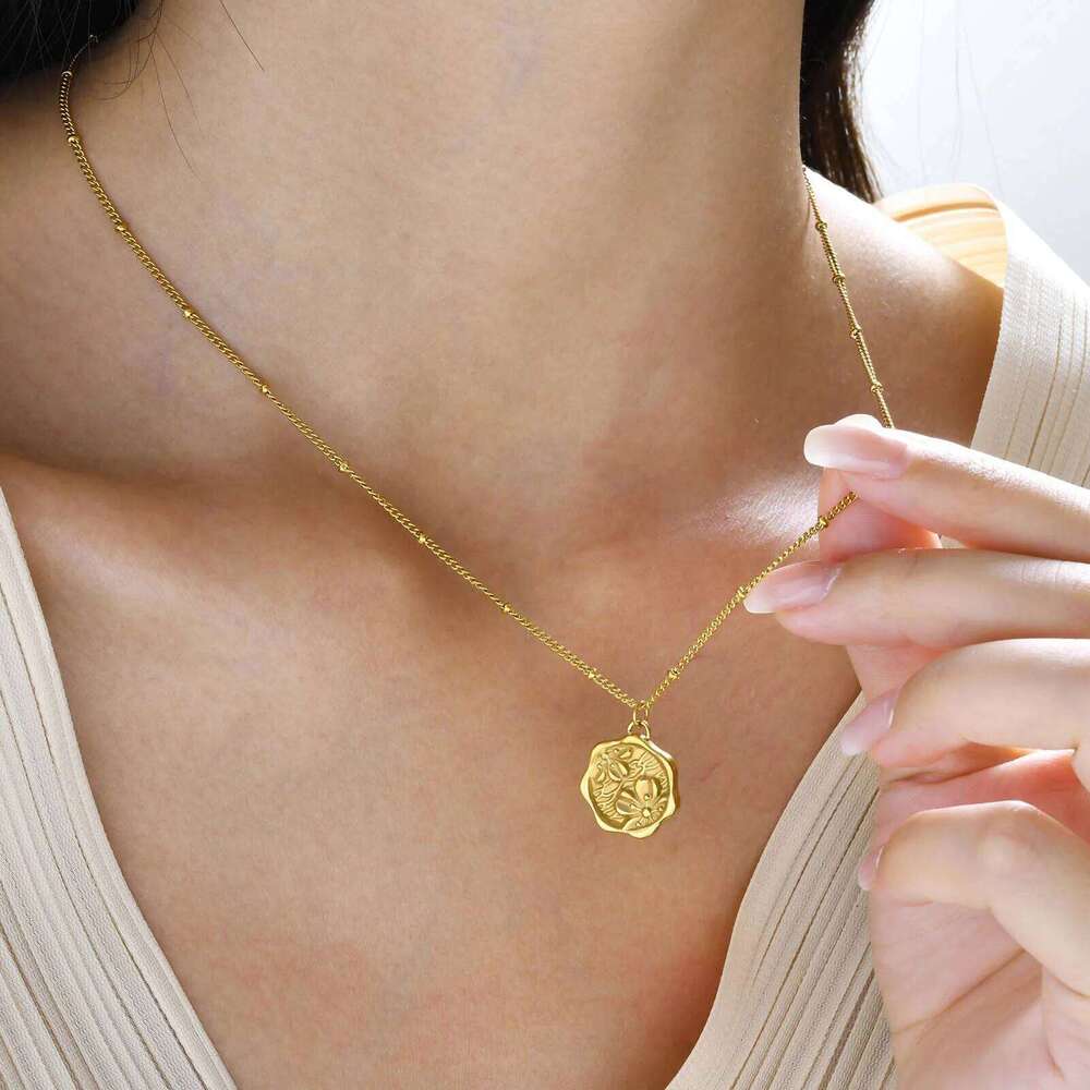 Coin Pendant Flower Necklace for Women,Satellite Chain Link, Stainless Steel 14k Gold Plated Jewelry Not Fade H260312
